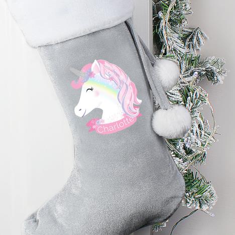 Personalised Unicorn Luxury Silver Grey Christmas Stocking Extra Image 3
